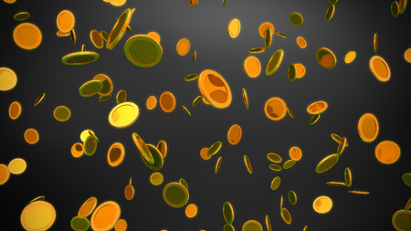 The 3d rendering of many golden coins fallingの写真素材