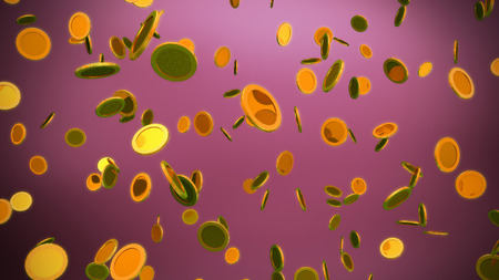 The 3d rendering of many golden coins fallingの写真素材
