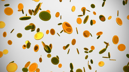 The 3d rendering of many golden coins fallingの写真素材