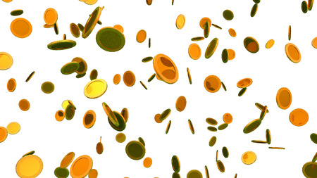 The 3d rendering of many golden coins fallingの写真素材