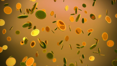 The 3d rendering of many golden coins fallingの写真素材