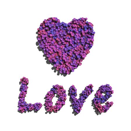 purple love and heart create by flowers white backgroundの写真素材
