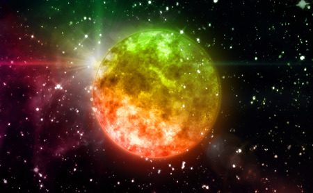 color orange planet in the space night backgroundの写真素材