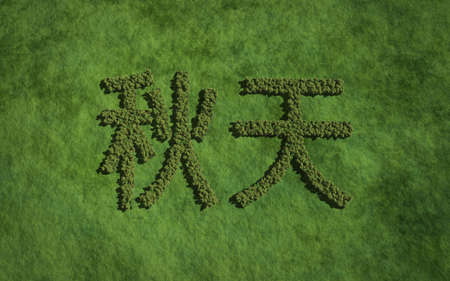 Autumn chinese text tree with grass background concept of typographyの写真素材