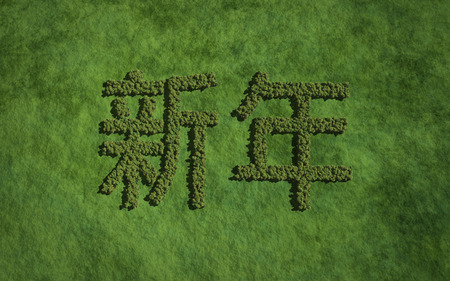 New year chinese text tree with grass background concept of typographyの写真素材