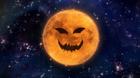 pumpkin face laughing icon with halloween moonの写真素材
