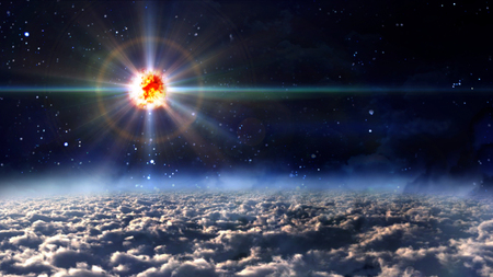 the new born star explosion at night skyの写真素材