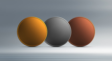 3d render of gold and silver, bronze prize coins isolated on white backgroundの写真素材