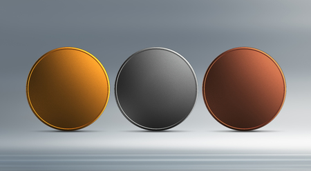 3d render of gold and silver, bronze prize coins isolated on white backgroundの写真素材