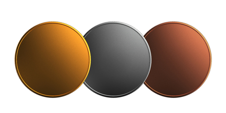 3d render of gold and silver, bronze prize coins isolated on white backgroundの写真素材
