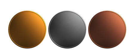 3d render of gold and silver, bronze prize coins isolated on white backgroundの写真素材