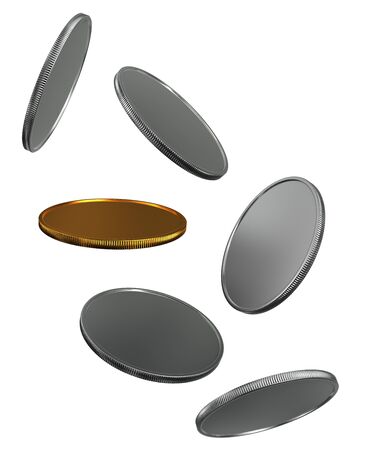 3d render of golden and silver coins isolated on white backgroundの写真素材