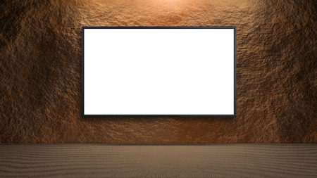 blank wide screen TV on rock wall for promotion displayの写真素材