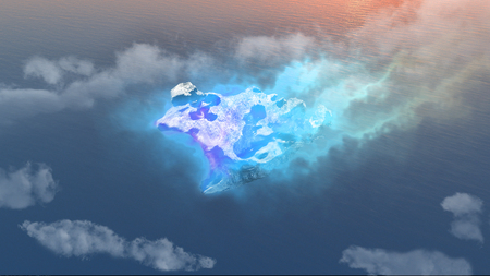 Birds eye view blue meteorite falling to oceanの写真素材