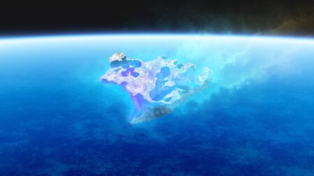 burning blue fire meteorite falling to earthの写真素材