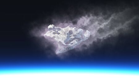 3D render of burning meteorite falling to planetの写真素材
