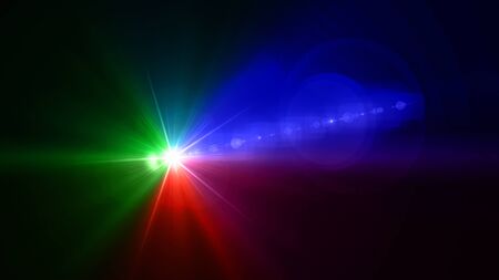 Beautiful color light with lens flare. Glowing streaks overlay on dark background.の写真素材