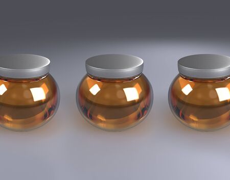 Glass honey Jars on sphere by 3D renderingの写真素材