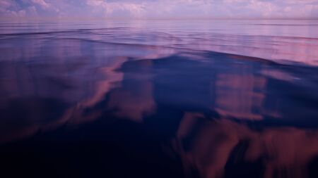 sunrise sea with purple color closeup by 3D rendering sceneの写真素材