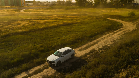 Kharkiv, Ukraine - 09.22.18: Off road test drive af a new car Audi from a professional racer. Sooting with drone top viewのeditorial素材