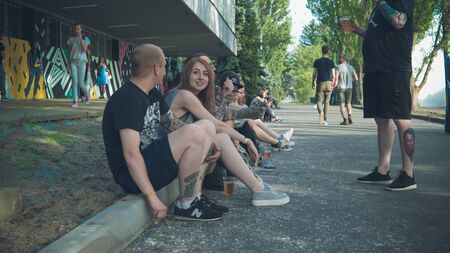05.16.2019 - Kiyv, Ukraine: Tattoo festival. Millennials with tattoo on them body are coming on the Tatto Collection festival. Happy young personのeditorial素材