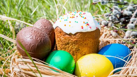 Close-up of sweet Easter cakes with colorful eggs among spring grass. Concept of easter traditional and holidayの写真素材