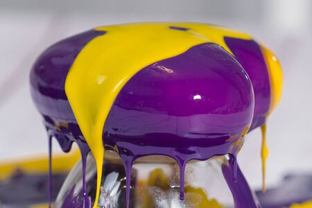 Step by step process of making mousse cake with mirror glaze. Cooking french dessert. Frozen mirror...