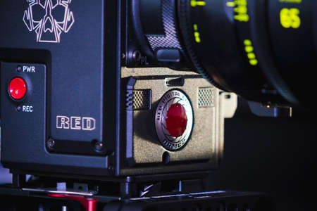 Kyiv, Ukraine - 04.17.2020: Studio shoot of professional 5k video camera Red DSMC2 with lens Zeiss Supreme Prime 65, close-up. Professional equipment for cinematographer, movie technologyのeditorial素材