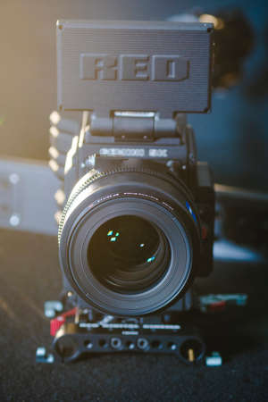 Kyiv, Ukraine - 04.17.2020: Studio shoot of professional 5k video camera Red DSMC2 with lens Zeiss Supreme Prime 65, close-up. Professional equipment for cinematographer, movie technologyのeditorial素材