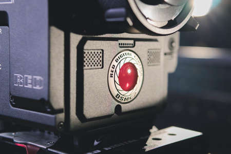 Kyiv, Ukraine - 04.17.2020: Studio shoot of professional 5k video camera Red DSMC2 with lens,...