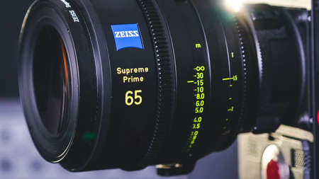 Kyiv, Ukraine - 04.17.2020: Studio shoot of professional lens Zeiss Supreme Prime, close-up. Professional equipment for cinematographer, movie technologyのeditorial素材