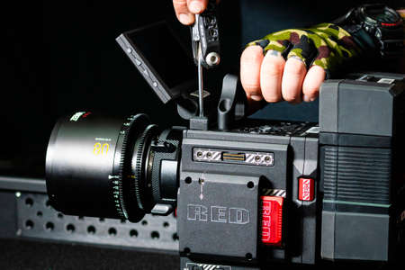 Kyiv, Ukraine - 04.17.2020: Studio shoot of professional 5k video camera Red DSMC2 with lens Leica...