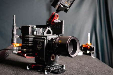 Kyiv, Ukraine - 04.17.2020: Studio shoot of professional 5k video camera Red DSMC2 with lens Leica...
