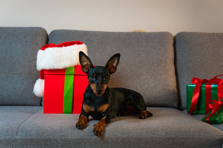 Black and tun miniature pinscher on the sofa, Present and gift box wrapped green paper around pet. Concept of New Year and Christmas holidaysの写真素材