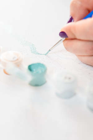 The adult woman painting by numbers indoors. Concepts of leisure activity, hobby and relaxの写真素材