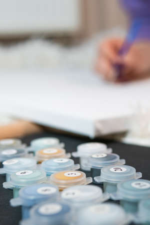 The adult woman painting by numbers indoors. Concepts of leisure activity, hobby and relax