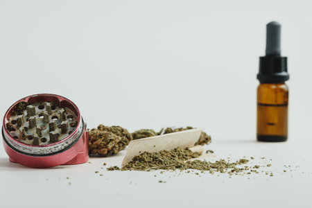 Marijuana buds on white background, close up. Cannabis is a herbal or alternative medicineの写真素材