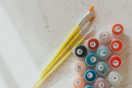 A set of colorful gouache for painting by numbers, pastel colors, drawing on canvas. Concepts of leisure activity, hobby and relax. selective focus. close up.の写真素材