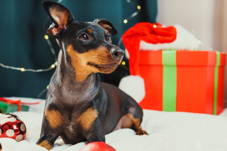 Portrait of funny dog miniature pinscher playing with Christmas ball around gift boxes. Concept of New Year moodの写真素材