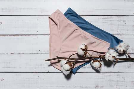 Pink underpants with cotton brunch on wooden background, closeup. women's underwear. top view.