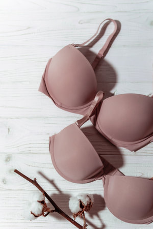 Pink bra with cotton brunch on white wooden background, closeup. women's underwear. top view.の写真素材