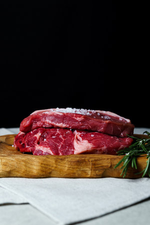 Raw organic beef meat with rosemary, seasonings, salt and red pepper on wooden cutting board, close-up. Preparing to cook steakの写真素材