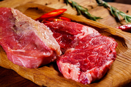 Raw organic beef meat with rosemary, seasonings, salt and red pepper on wooden cutting board, close-up. Preparing to cook steakの写真素材