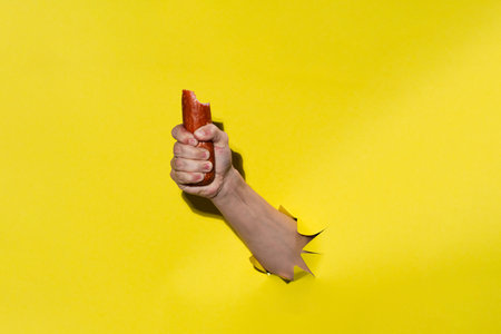 Male hand holding bitten smoked salami sausage, yellow background, close up. Hunger and unhealthy eating conceptsの写真素材