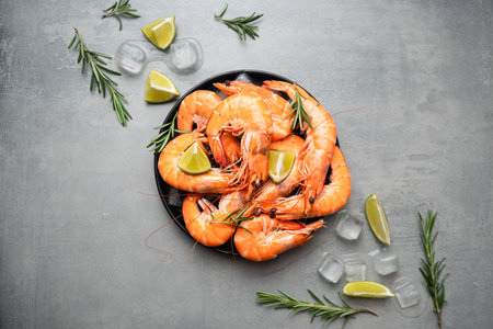 Fresh shrimps with ice, lime and rosemary on gray background, top view. Concept of healthy food....