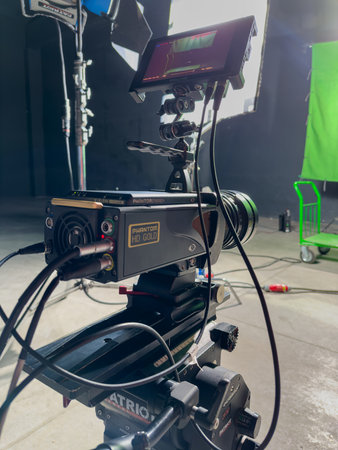 Kyiv, Kyiv region, Ukraine - January 31, 2024: Video camera Phantom hd gold, closeup. Professional equipment for cinematographer, movie technologyのeditorial素材