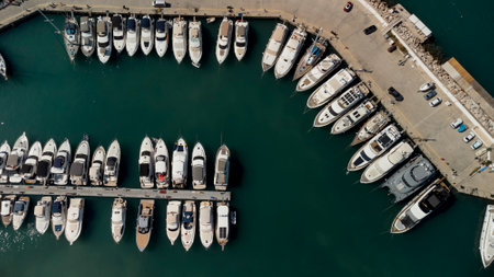 Aerial view of port and coastal area of Kemer, Turkish beach resort city. Beautiful Mediterranean Sea. Turquoise colors of water. Drone shotの写真素材