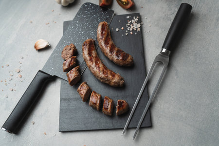 Grilled sausages on the cutting board with grill fork and knife, gray background, close up.の写真素材