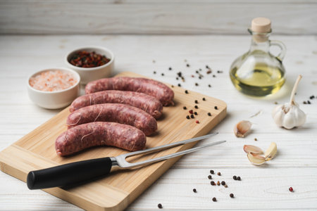 Uncooked sausages on the wooden cutting board with grill fork, salt and pepper, white background, close up. Preparation to cookingの写真素材