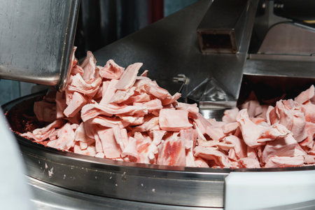 Processing of production minced meat in industrial meat grinder, close up. Modern technologies in Food industryの写真素材